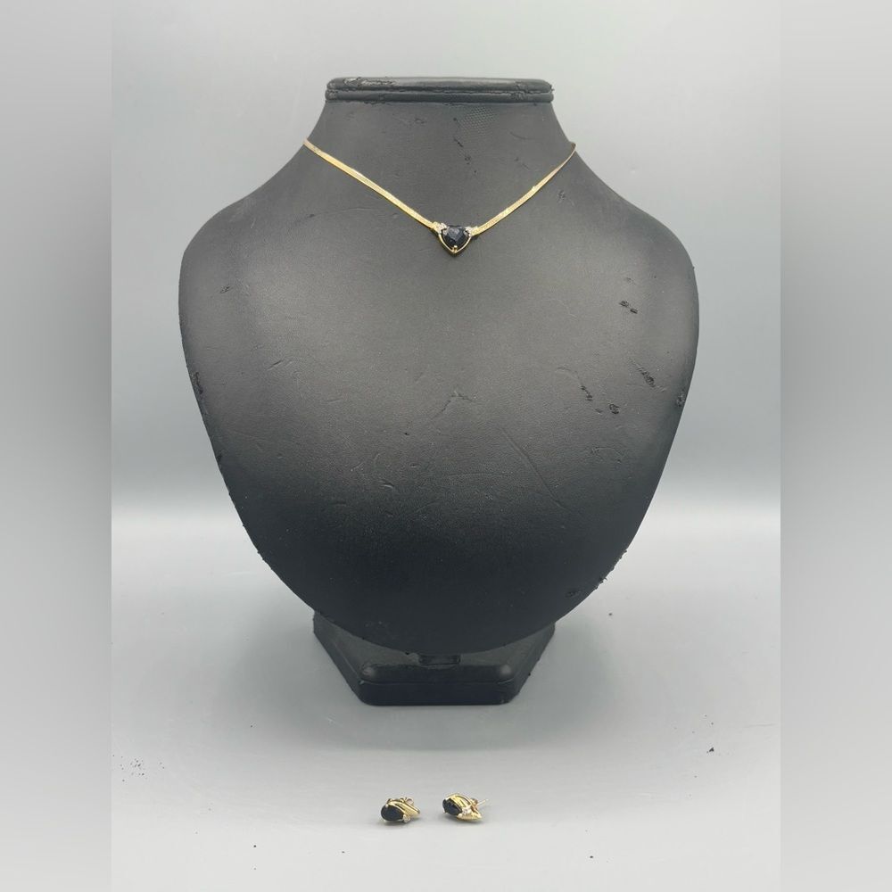14 KT Gold heart-shaped black onyx pendant  with small diamonds and Earring Set